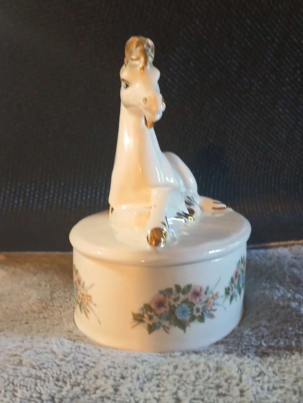 Vintage Porcelain Horse Trinket Box with Floral Banding